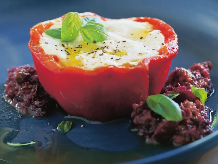 Goat-cheese-stuffed roast capsicum with tapenade