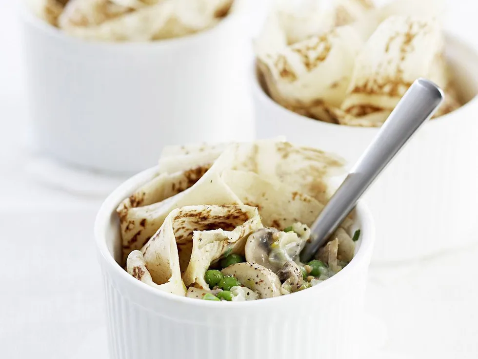 creamy leek, mushroom and baby pea pies