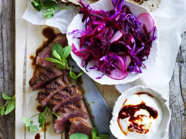 lamb wraps with red salad and harissa yoghurt