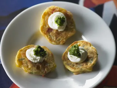 sweet corn fritters with rocket puree