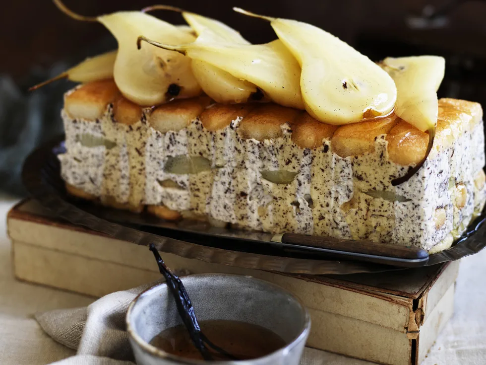 Poached pear, mascarpone AND DESSERT WINE CAKE