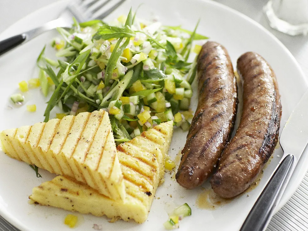 merguez with parmesan polenta triangles