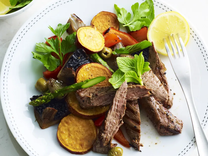 Grilled pepper lamb with roasted vegetables
