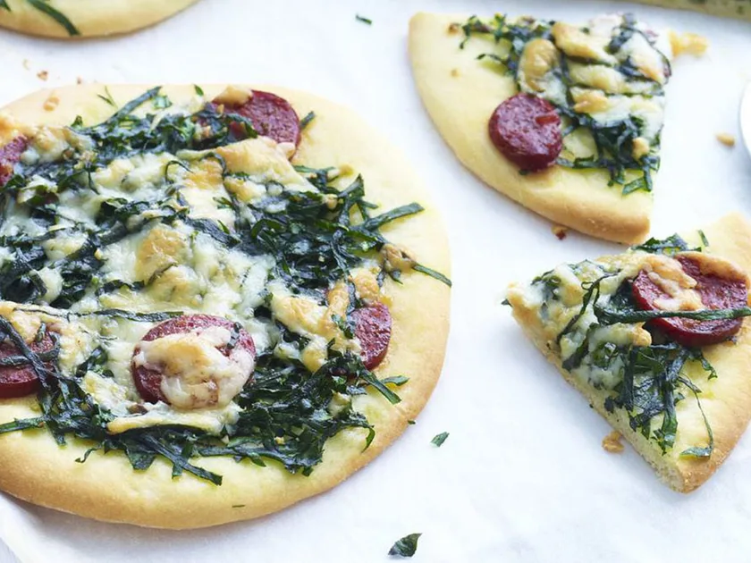 Chorizo and spinach pizzettas