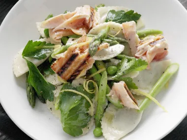 Warm agnolotti and salmon salad