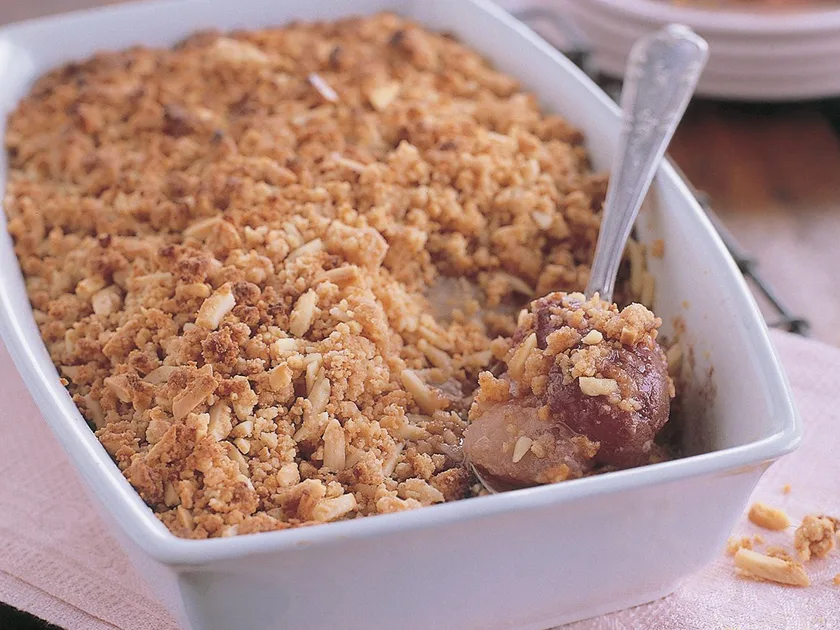 Pear and plum amaretti crumble
