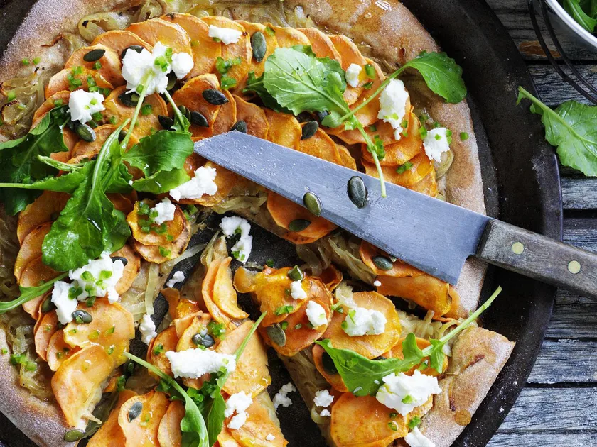 Spelt pizza with kumara & goat's cheese