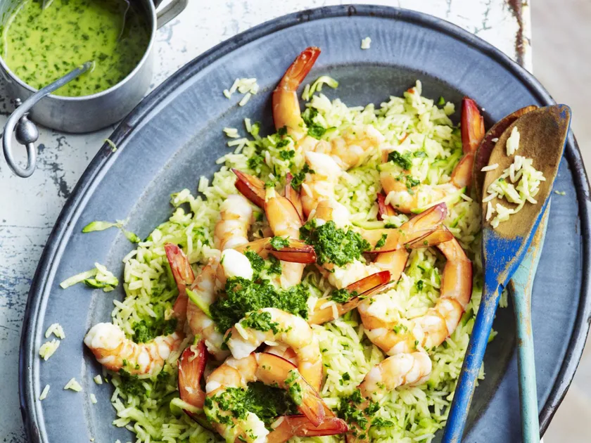 Prawn and zucchini with minted pilaf