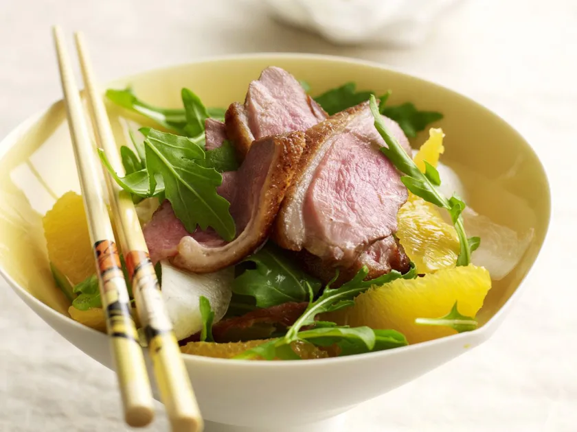 Crisp duck breast with orange and daikon salad