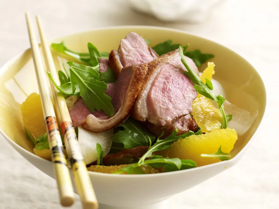 Crisp duck breast with orange and daikon salad