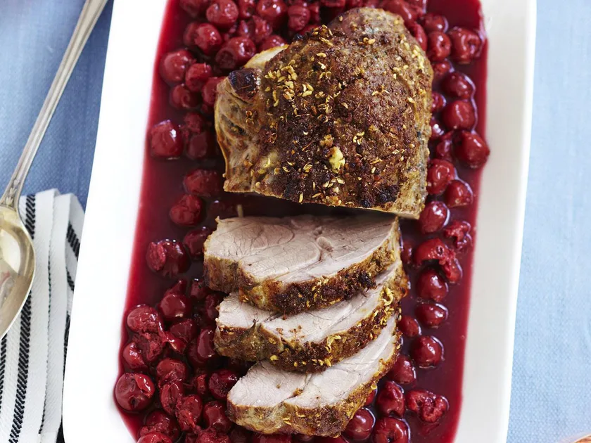 Roasted pork neck with cherries