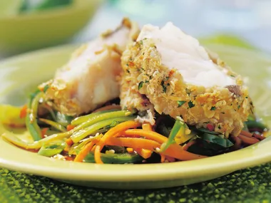 Cheese-crumbed fish fillets with stir-fried vegetables