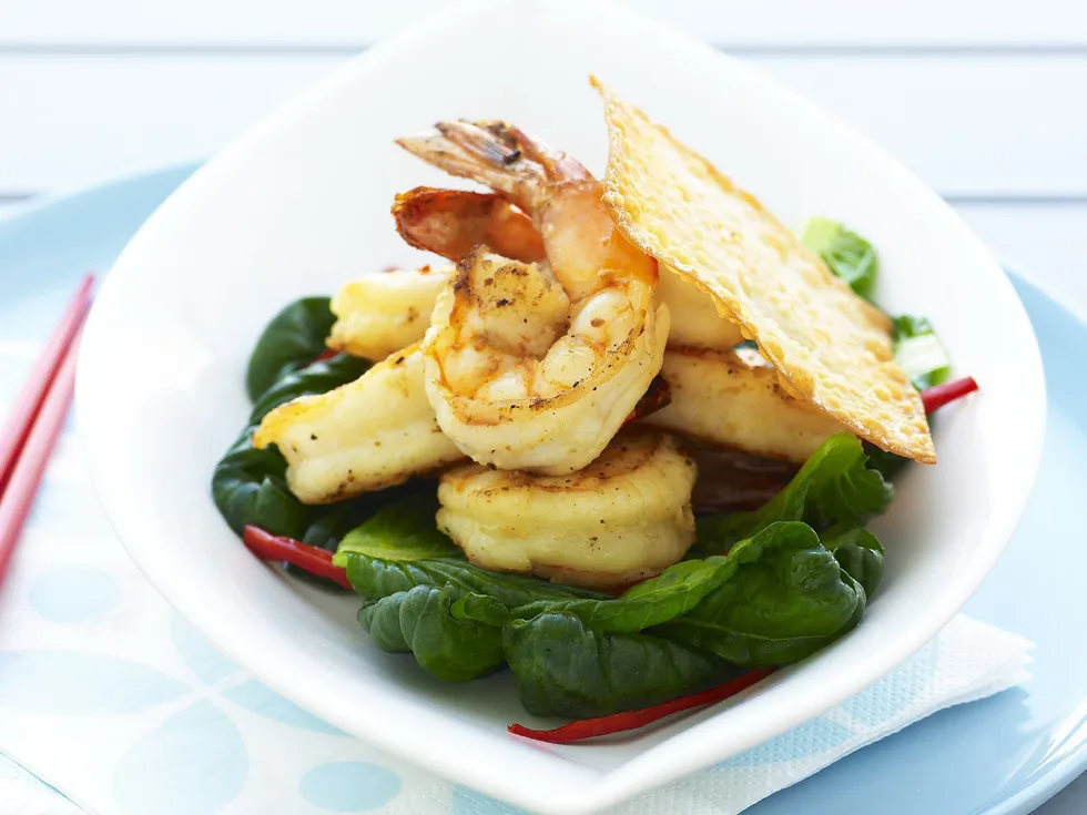 garlic prawns and tatsoi salad