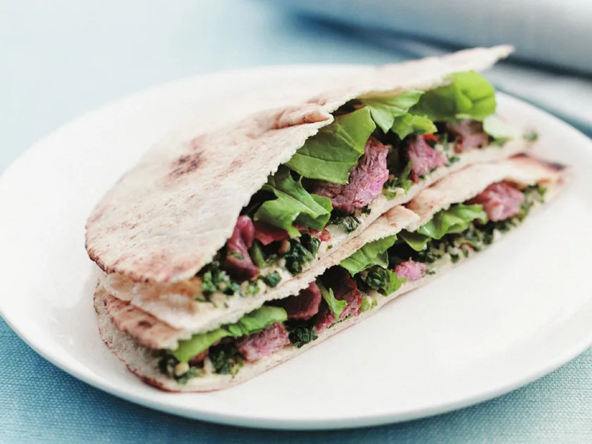 Lamb, tabouli and hummus on pita