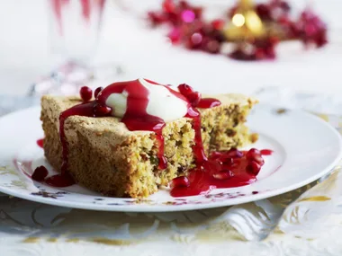 pistachio almond cake with pomegranate sauce