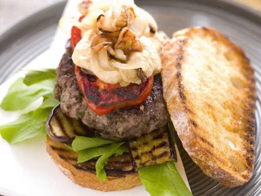 grilled lamb burgers with eggplant and hummus