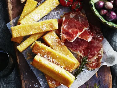 POLENTA CHIPS WITH PROSCIUTTO ROAST TOMATOES