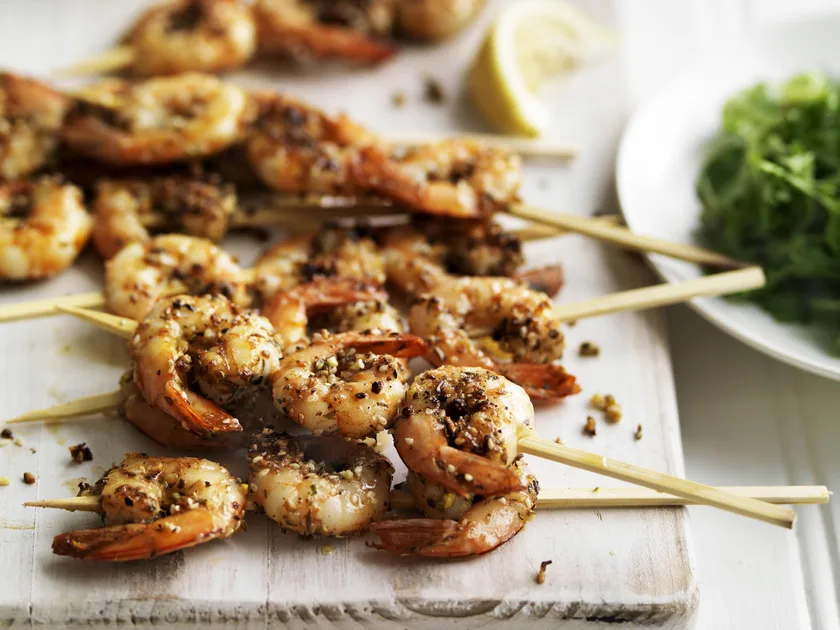 Dukkah prawn skewers