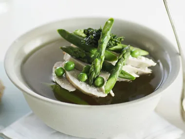 Chicken, pea and asparagus soup with pistou