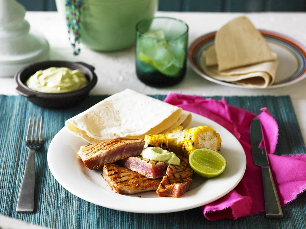 chilli seared tuna with avocado cream AND GRILLED CORN
