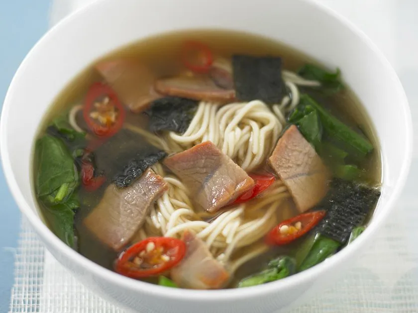 Ramen, pork and spinach soup