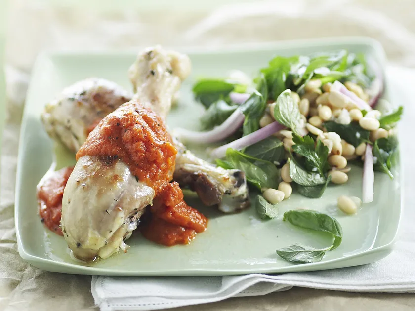 Oven-baked drumsticks with soy bean salad