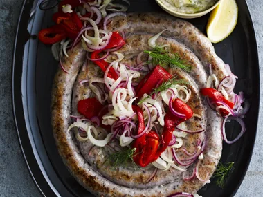 SAUSAGE SPIRAL  WITH GRILLED CAPSICUM andWhippedWhiteBeans