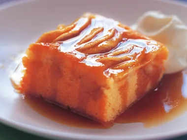 warm apple cake with brandy butterscotch sauce