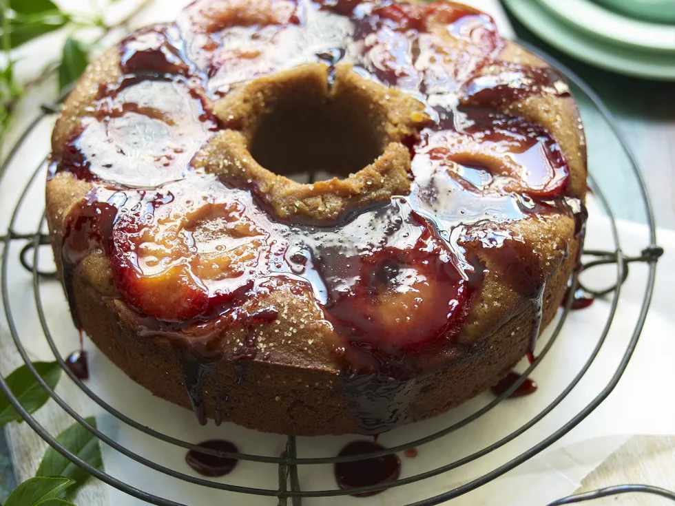poached plum andginger sour cream cake