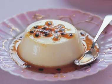 white-choc panna cotta with passionfruit sauce