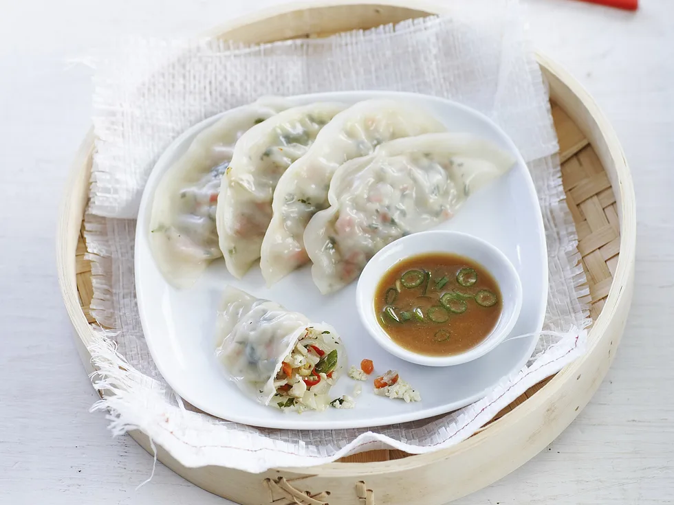 vegetable gow gees with miso dipping sauce