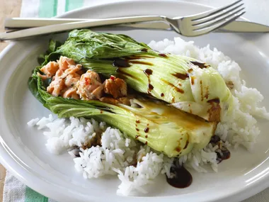 Baby buk choy salmon parcels