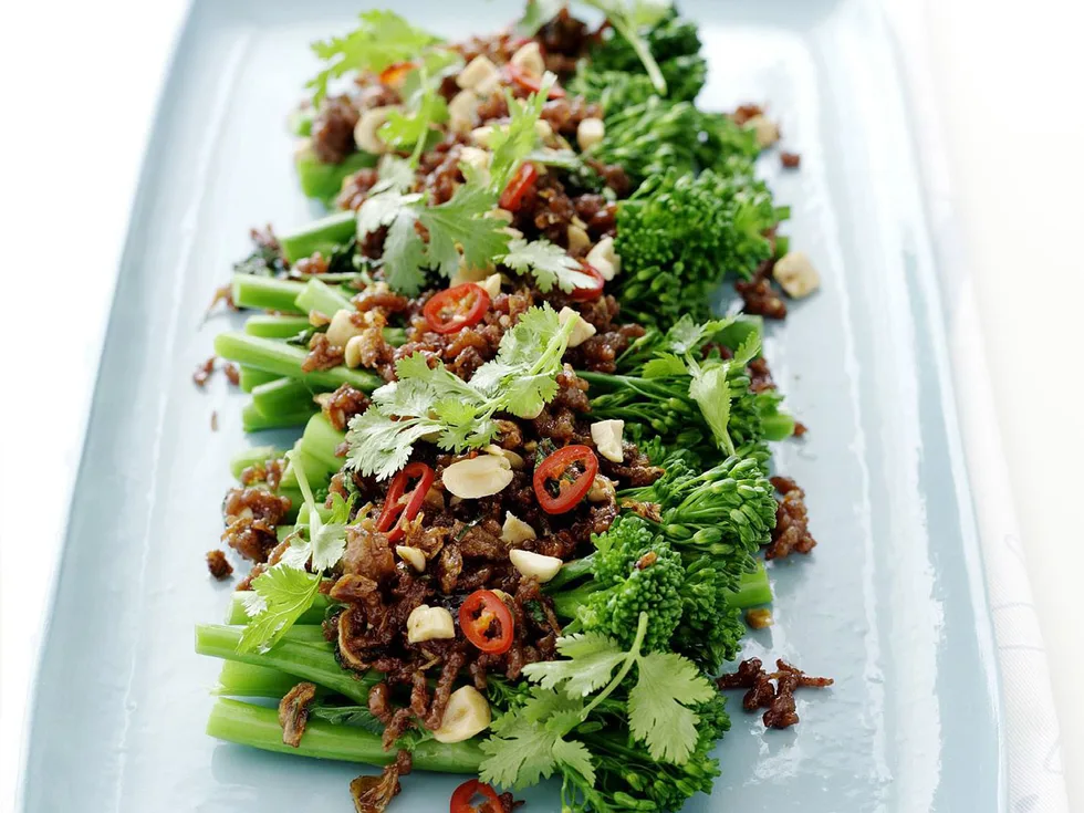 thai-style sticky pork on broccolini