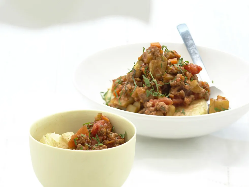 potato smash with beef and eggplant