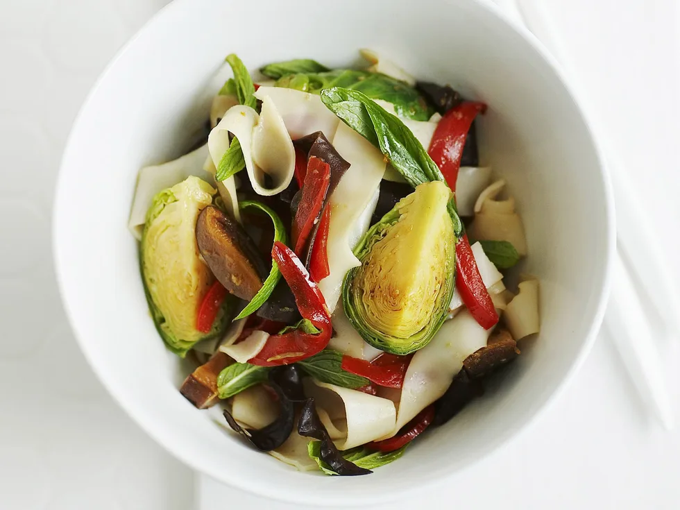 rice noodles with brussels sprouts