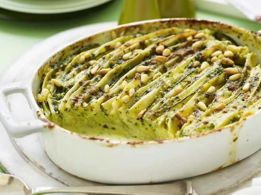 Potato, zucchini and pesto bake