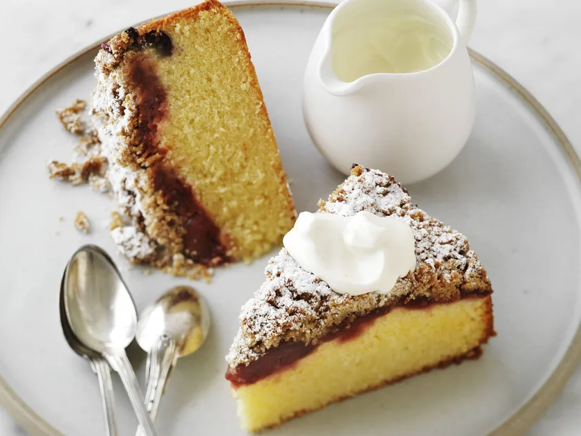Plum and blueberry crumble cake
