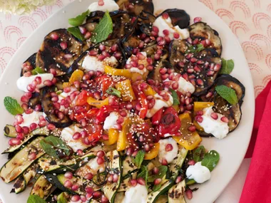 Grilled vegetable salad with mint and pomegranate