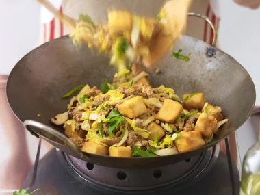 FRIED TOFU WITH PORK MINCE AND WOMBOK