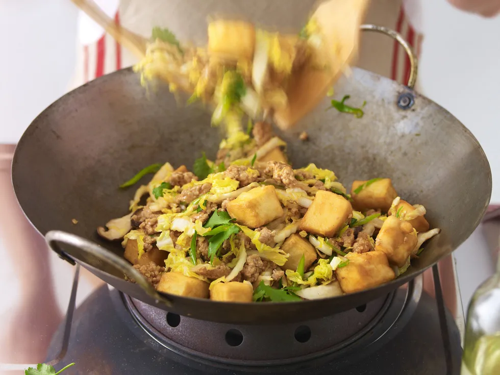 FRIED TOFU WITH PORK MINCE AND WOMBOK
