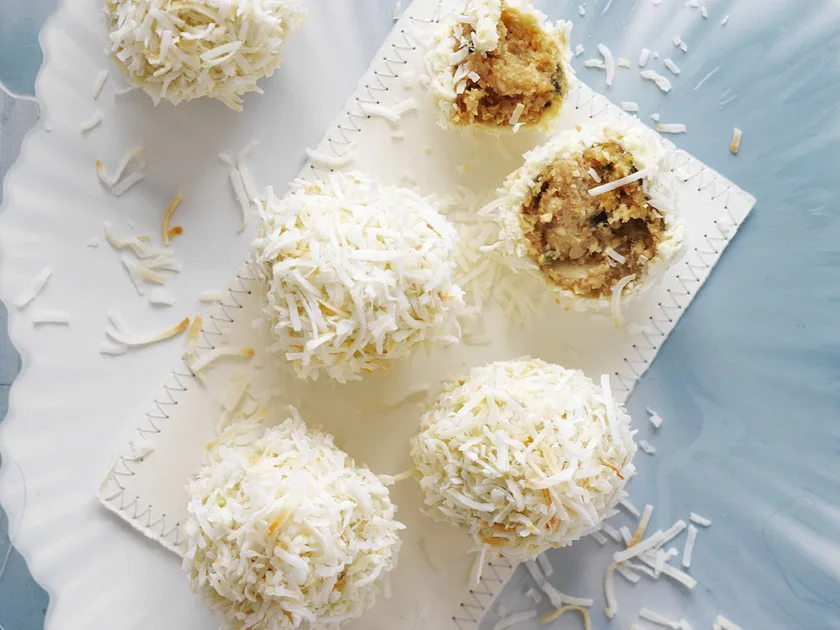 White chocolate and passionfruit coconut crunch truffles