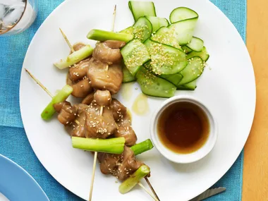 cucumber salad with teriyaki salmon skewers
