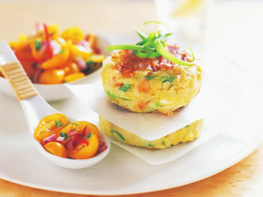 Soya bean and potato patties with teardrop tomato salsa