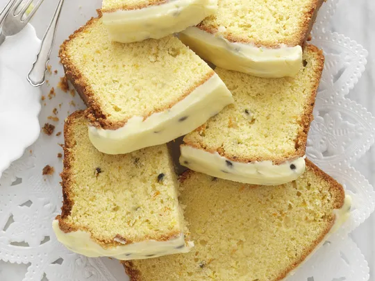 Orange and passionfruit cake with passionfruit icing