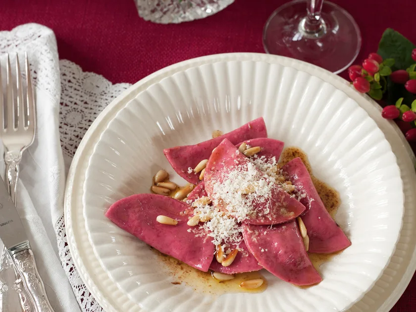 Beetroot ravioli with ricotta and mint filling