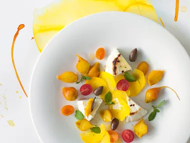 Baked ricotta with beetroot, tomatoes and olives