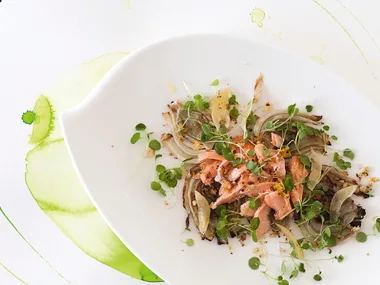Hot-smoked salmon on roasted fennel with watercress and preserved lemon