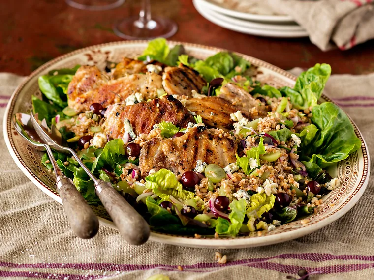 Harvest salad with grapes and barbecue chicken