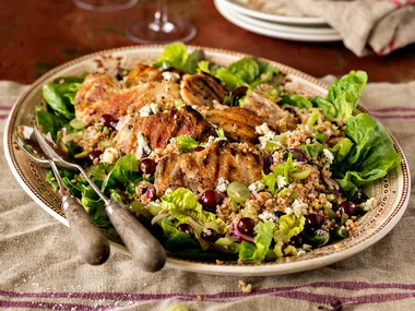 Harvest salad with grapes and barbecue chicken