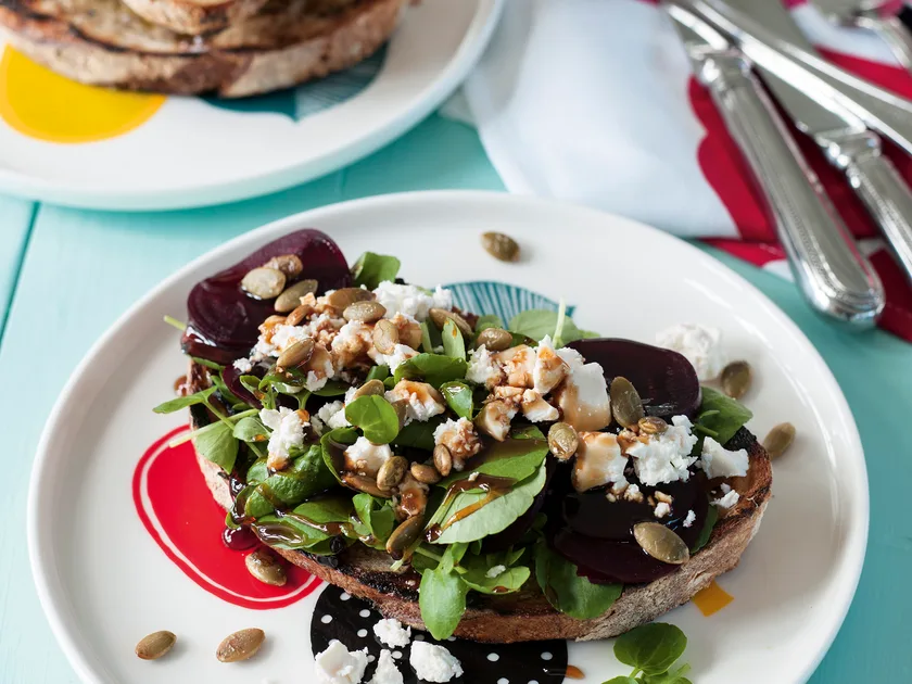 Beetroot and watercress bruschetta with pomegranate dressing